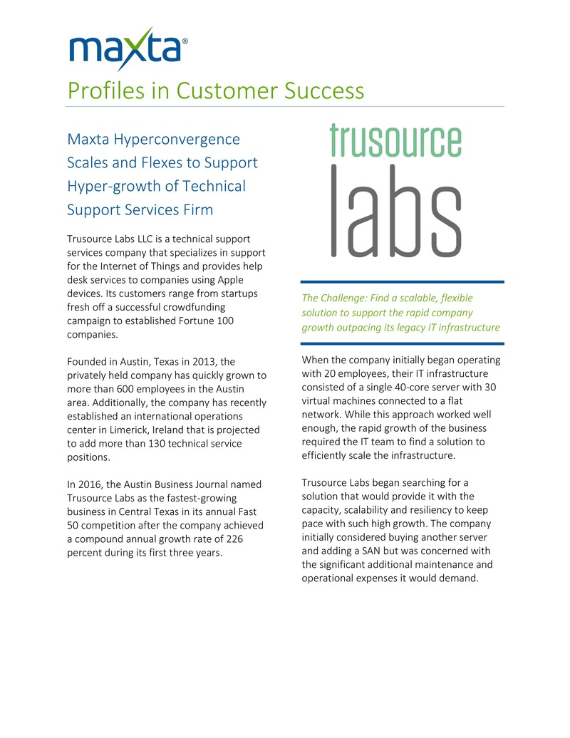 Trusource Labs、Maxta ハイパーコンバージェンスソリューションで急成長を実現