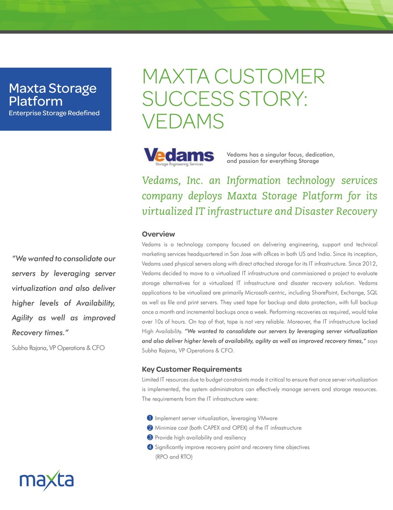 Vedams、Maxta ストレージプラットフォームで仮想化と災害復旧を実現
