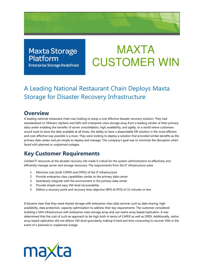 全国レストランチェーンがMaxtaストレージを導入し、コスト効率の高い災害復旧を実現