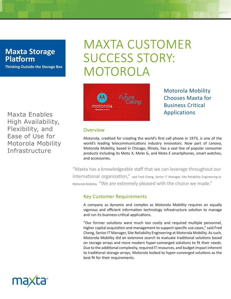 Motorola Mobility、Maxta ハイパーコンバージドインフラで高可用性とITコスト削減を実現