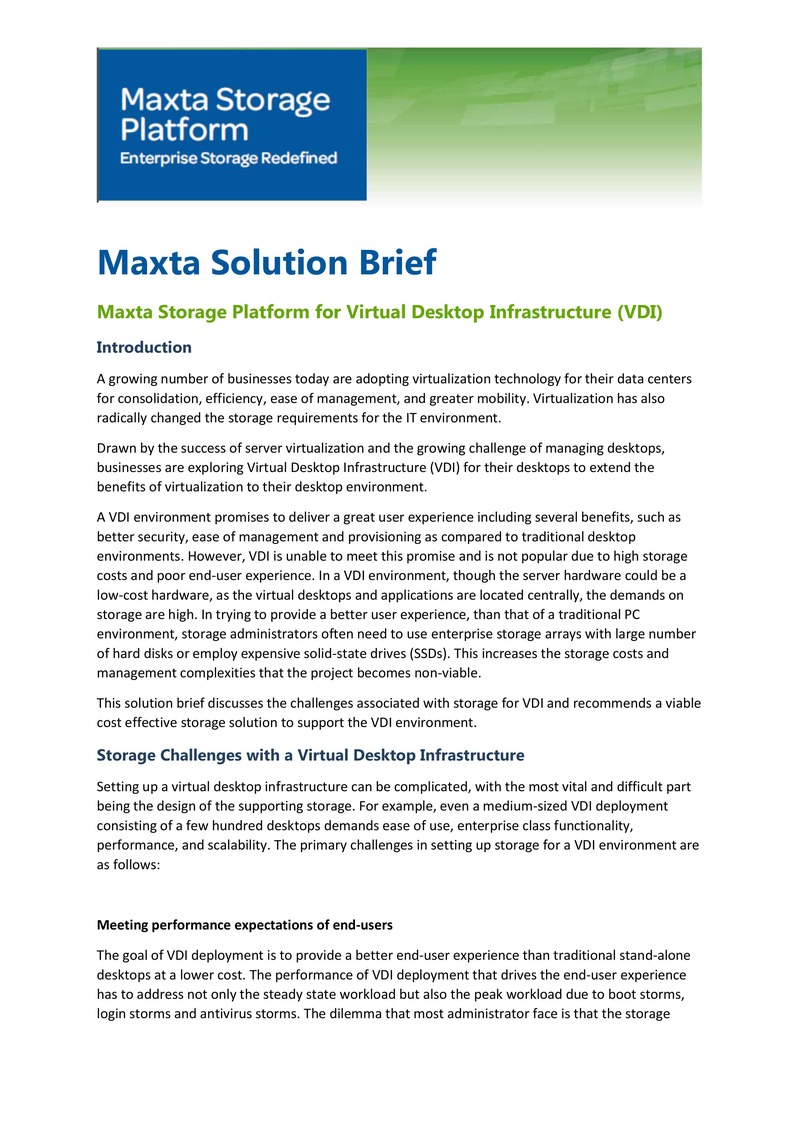 Maxta Storage Platform for Virtual Desktop Infrastructure (VDI)