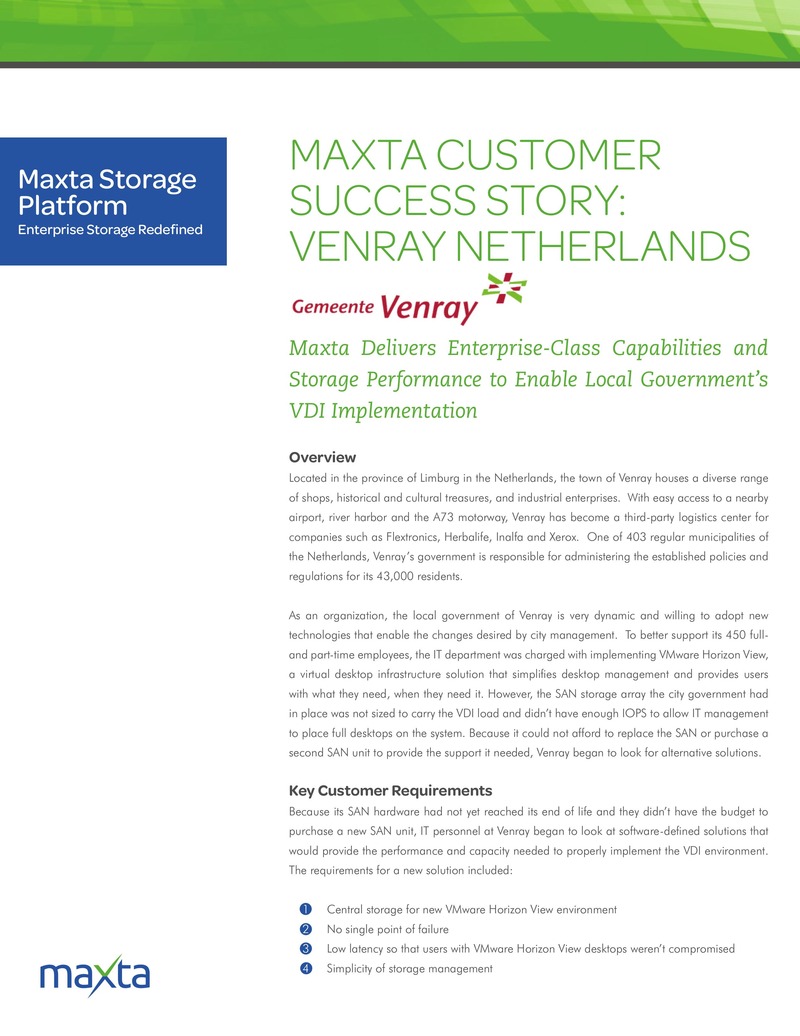 オランダVenray市、Maxta ストレージプラットフォームでVDIを実装